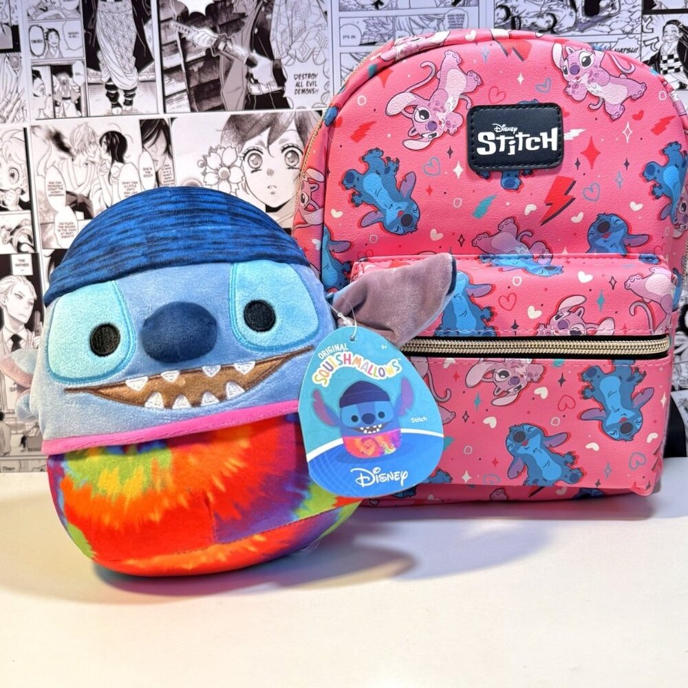 Stitch & Angel Bioworld Pink Backpack and a 7” Stitch Squishmallow Gift Bundle